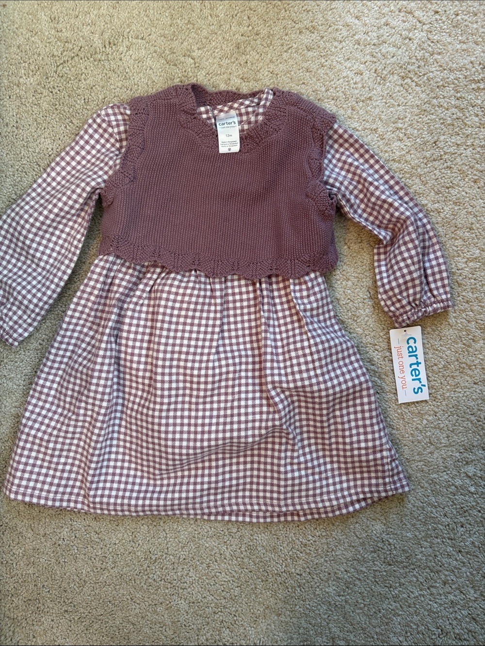 Carter's Mauve Gingham Dress with Knit Overlay